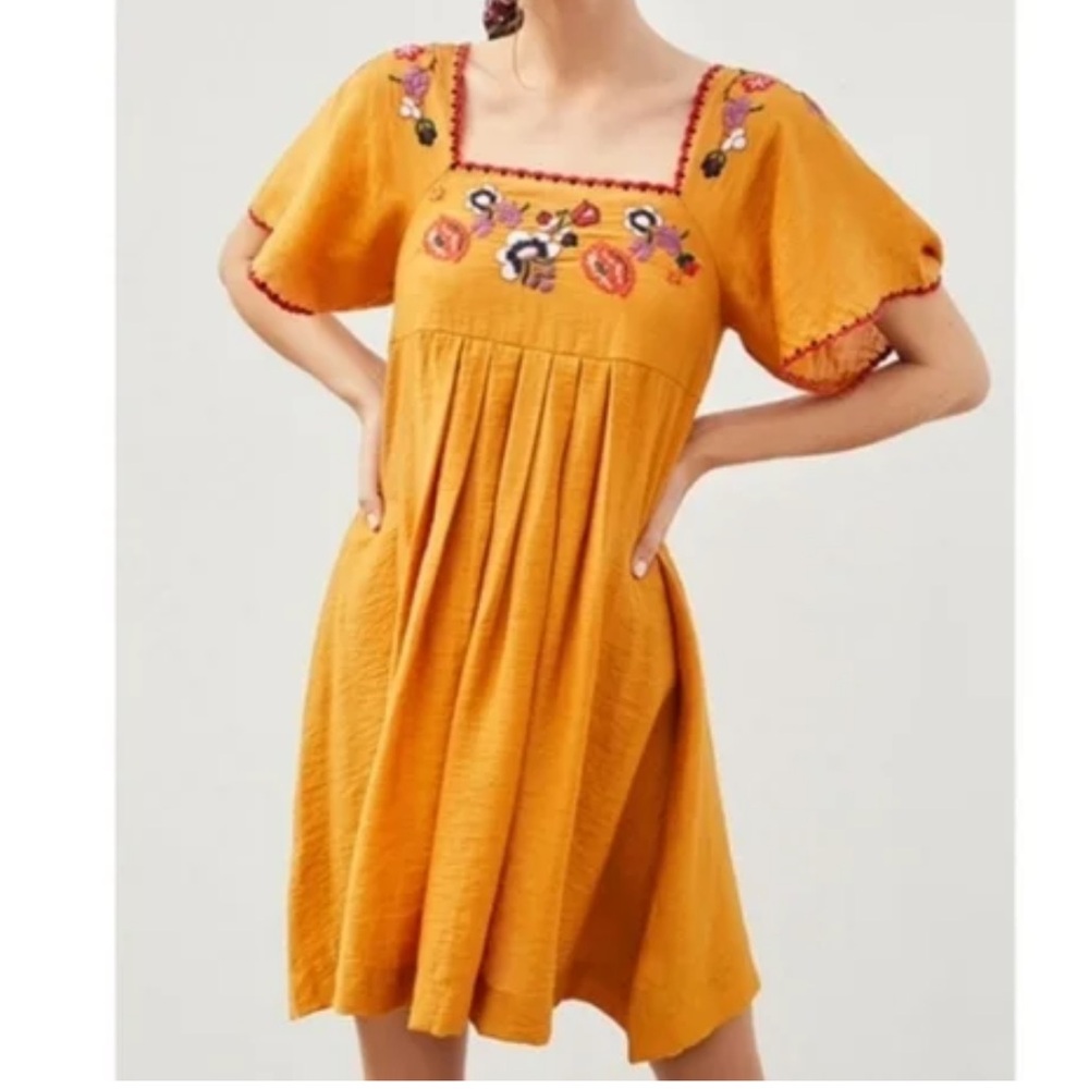 Madewell Embroidered Square-Neck Mini Dress Size Small Floral‎ Linen Blend